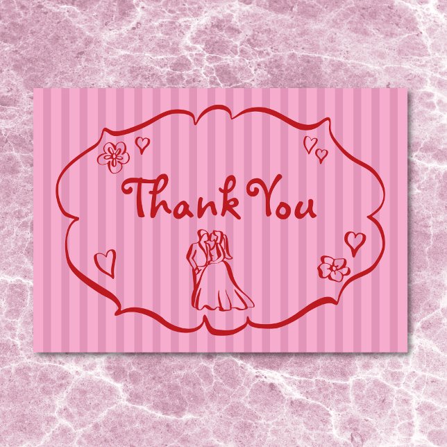 Carte De Remerciements Mariage à bande rouge rose blanc à main rétro (Whimsical Retro Hand Drawn Pink Red Stripe Wedding Thank You Card)