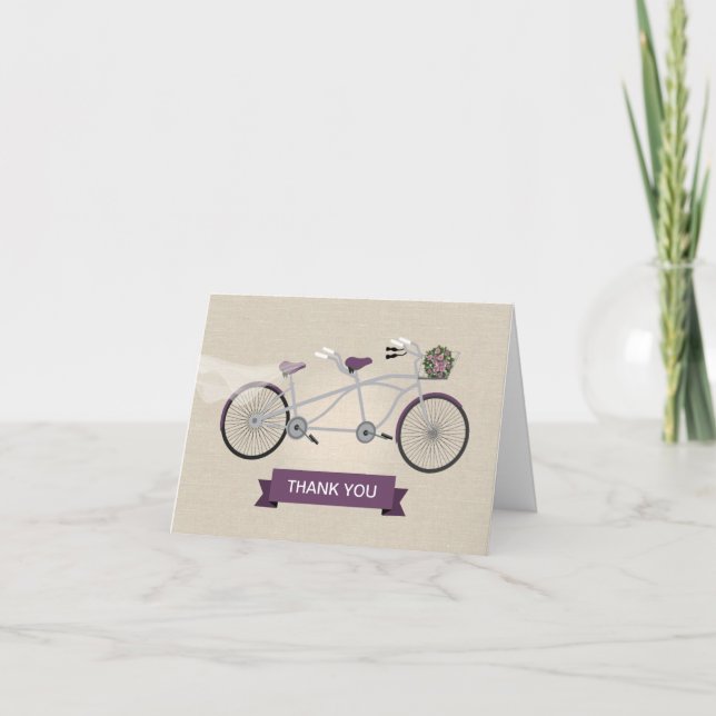 Carte De Remerciements Mariage à bicyclette en tandem en lin faux plum (Devant)