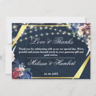 Carte De Remerciements Mariage à cordes en bois d'or à fleurs bleues rust