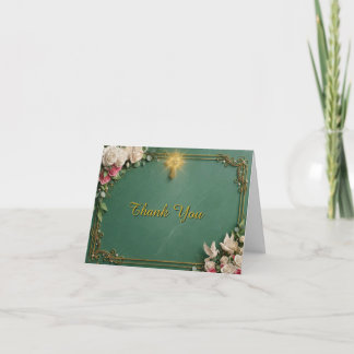 Carte De Remerciements Mariage à la croix émeraude et au jardin de roses