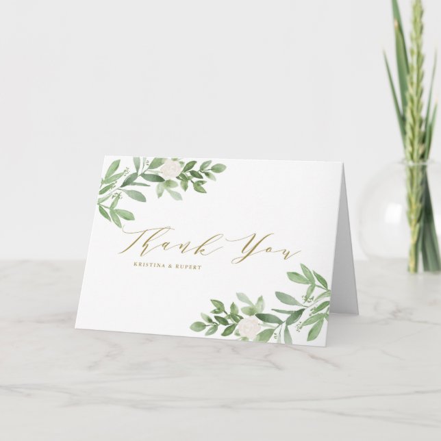 Carte De Remerciements Mariage à l'aquarelle avec verdure et fleurs blanc (Devant)