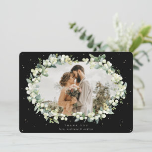 Carte De Remerciements Mariage à plat de la neige noire et de l'eucalyptu