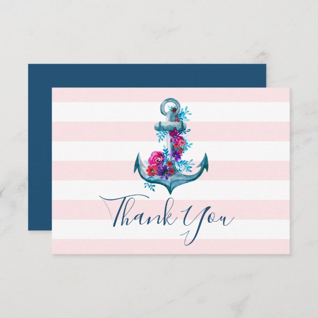 Carte de remerciements Mariage Ancre couleur rose (Devant / Derrière)