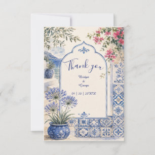 Carte De Remerciements Mariage aquarelle à Santorin avec carreaux bleus f