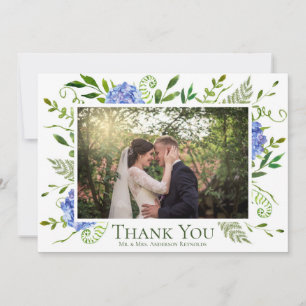 Carte De Remerciements Mariage aquarelle florale aux hortensias bleus pho