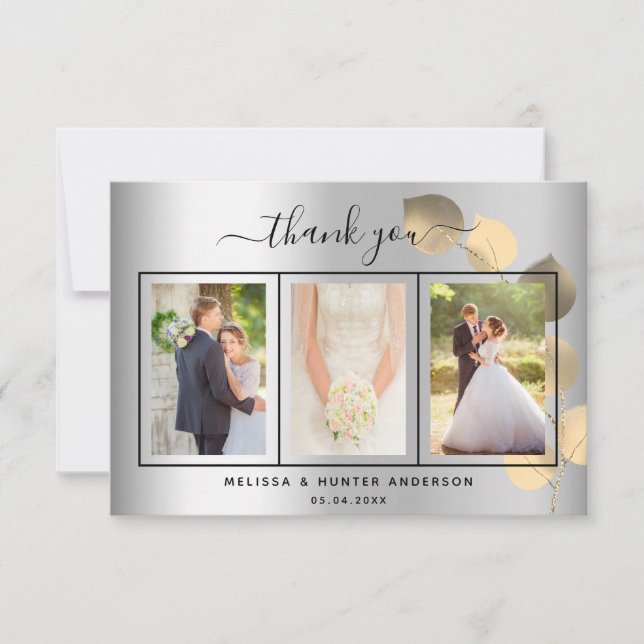 Carte De Remerciements Mariage argent eucalyptus or script photo (Devant)