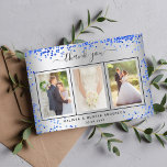 Carte De Remerciements Mariage argent royal bleu photo script<br><div class="desc">Ajoutez 3 de vos propres photos et une note de remerciement. Un arrière - plan à l'aspect faux argent avec texte et cadre noirs,  confettis bleu royal. Le texte : Merci sur l'avant et vos noms sur l'arrière sont écrits avec une écriture manuscrite stylisée avec des swashes.</div>