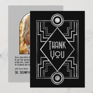 Carte De Remerciements Mariage Art Déco inspiré de Gatsby noir et argent