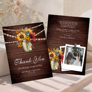 Carte De Remerciements Mariage au Jar Mason Bois Rustique Tournesols Bour