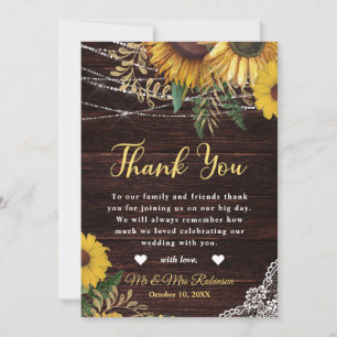 Carte De Remerciements Mariage au tournesol rustique et guirlandes lumine