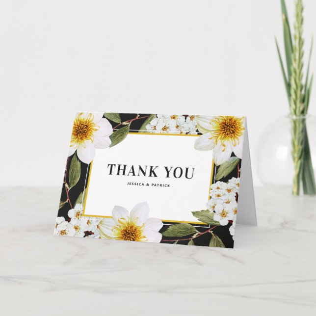 Carte De Remerciements Mariage aux Dahlias Blancs Botaniques et Spireas (Devant)