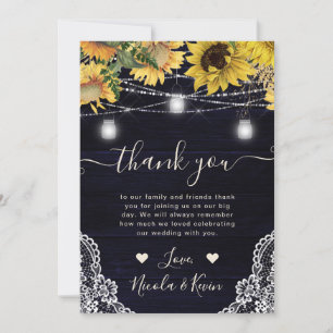 Carte De Remerciements Mariage aux lumières de tournesol rustique et de p