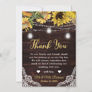 Carte De Remerciements Mariage aux lumières de tournesol rustique et de p