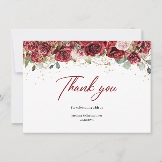 Carte De Remerciements Mariage aux roses à l'aquarelle tendance rouge pro (Devant)