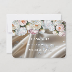 Carte De Remerciements Mariage aux Roses et Pivoines en Satin Blanc