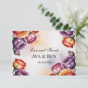 Carte De Remerciements Mariage aux Roses Violettes, Orange et Rouges Fest