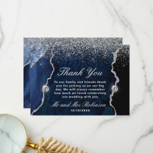 Carte De Remerciements Mariage Bille d'agate Paillettes Bleu et Argent