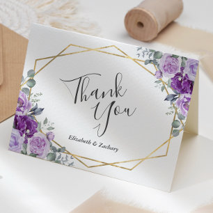 Carte De Remerciements Mariage blanc à cadre d'or fleuri violet