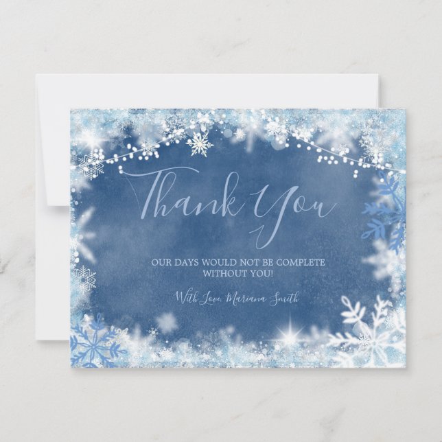 Carte De Remerciements Mariage Blanc Bleu Neige sous la neige Flocon de n (Devant)