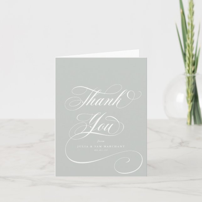 Carte De Remerciements Mariage blanc de script gris vert élégant (Devant)