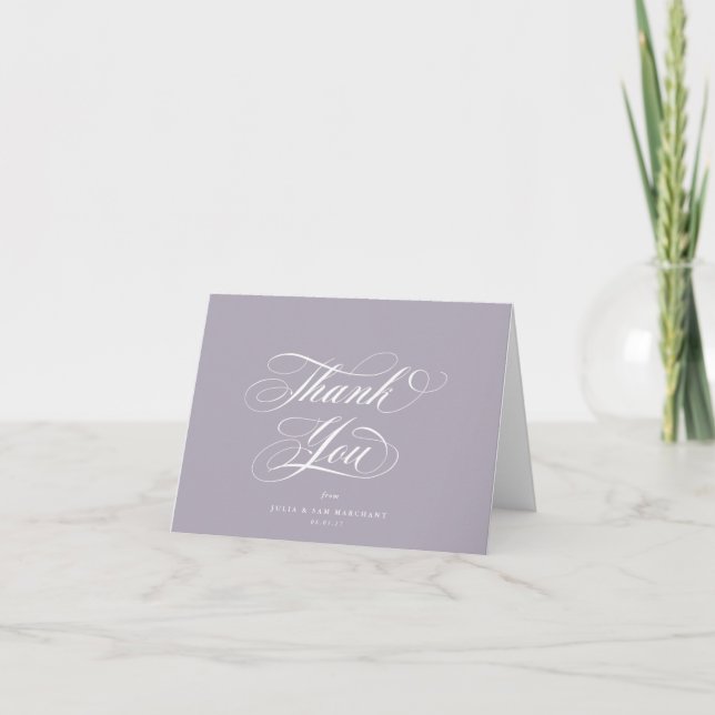 Carte De Remerciements Mariage blanc élégant de script doux violet (Devant)