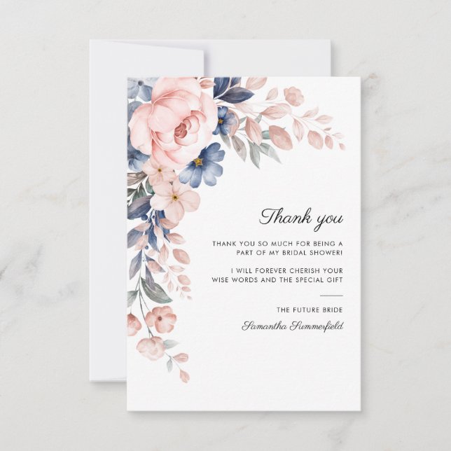 Carte De Remerciements Mariage Blanc Floral Script Rose Bleu (Devant)