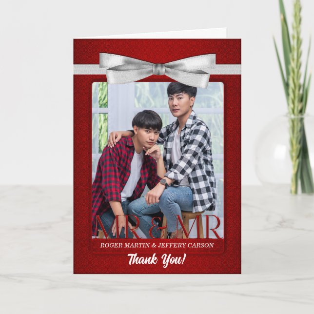 Carte De Remerciements Mariage Blanc Gay de Deux Mariés (Devant)