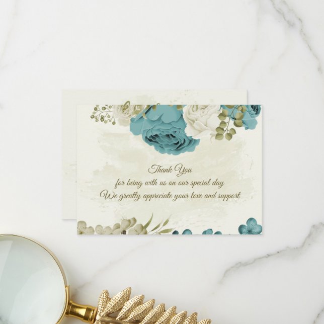 Carte De Remerciements mariage bleu blanc fleurs verdure (Devant/Arrière en situation)