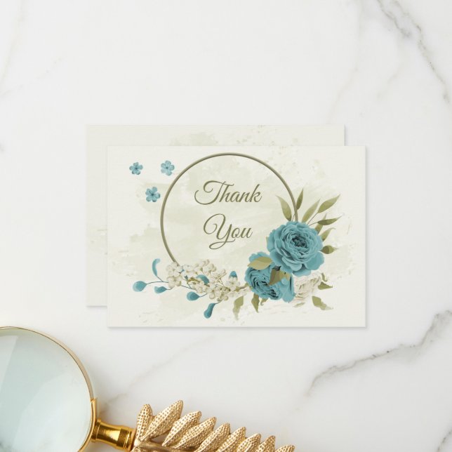 Carte De Remerciements mariage bleu blanc fleurs verdure (Devant/Arrière en situation)