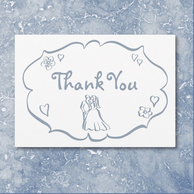 Carte De Remerciements Mariage bleu Dusty dessiné main rétro Whimsical (Whimsical Retro Hand Drawn Dusty Blue Wedding Thank You Card)