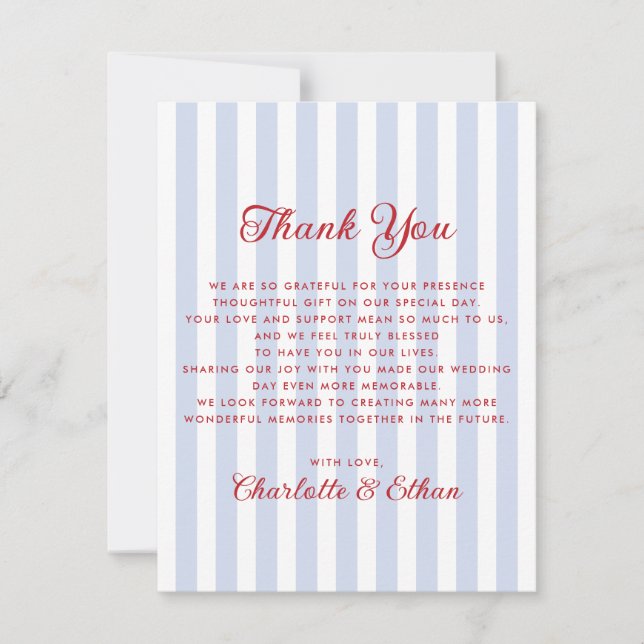 Carte de remerciements Mariage bleu et rouge rayé (Devant)