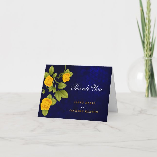 Carte De Remerciements Mariage bleu foncé et marigold jaune rose (Devant)