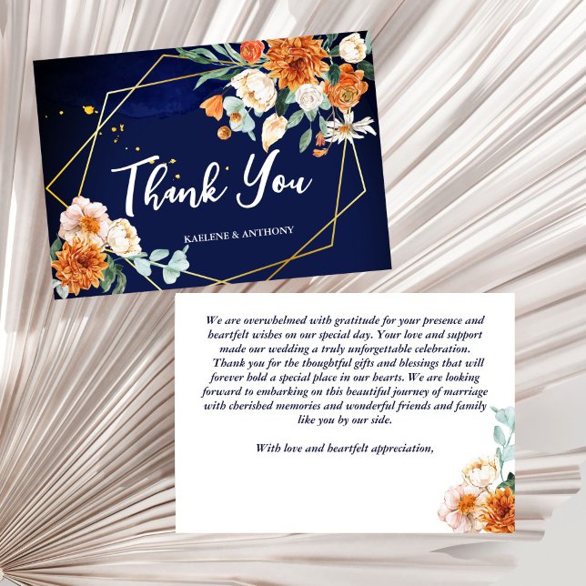 Carte De Remerciements Mariage bleu marine orange blanc roses (Navy blue orange white roses gold geometrical frame wedding thank you cards)