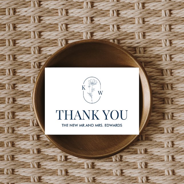 Carte De Remerciements Mariage bleu minimaliste (Blue Minimalist Floral Wedding Thank you Card)