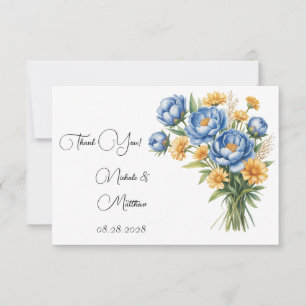 Carte De Remerciements Mariage Blue Peony et Yellow Daisy