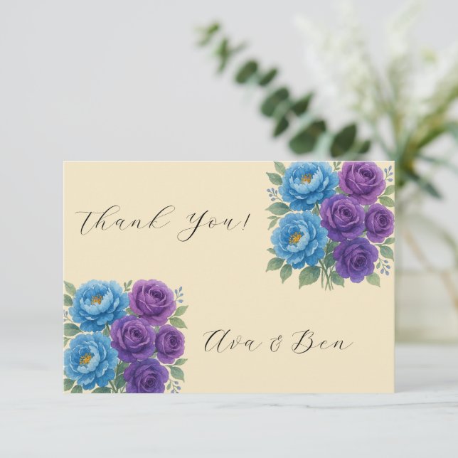 Carte De Remerciements Mariage Blue Pivoine & Figue Rose Pourpre (Debout devant)