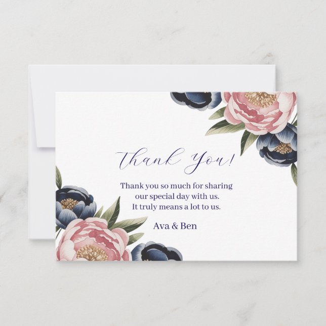 Carte De Remerciements Mariage Blush et Navy Blue Peony (Devant)