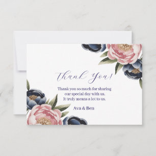 Carte De Remerciements Mariage Blush et Navy Blue Peony