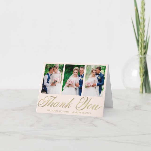 Carte De Remerciements Mariage Blush Pink Gold Script 3 Photo Collage (Devant)