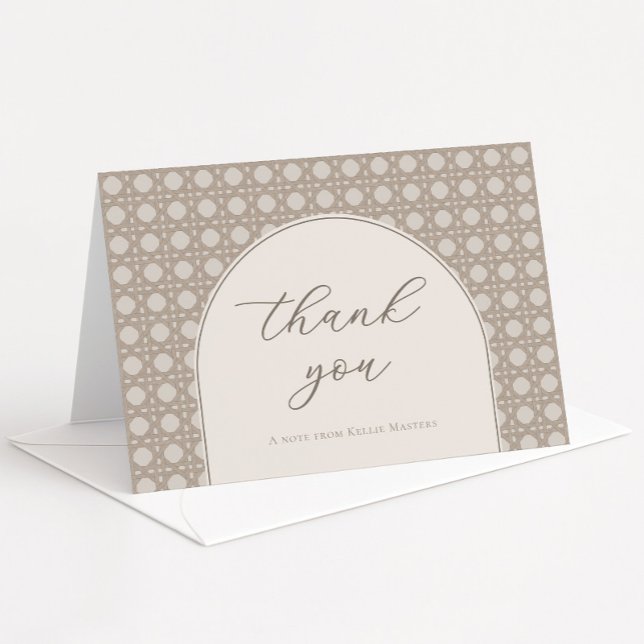 Carte De Remerciements Mariage Bohème Moderne Tanné en Rotin et Canne (Neutral tones cane weave rattan thank you card with modern arch)