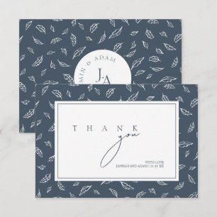 Carte De Remerciements Mariage Bohème Monogramme Feuille Bleu Ardoise