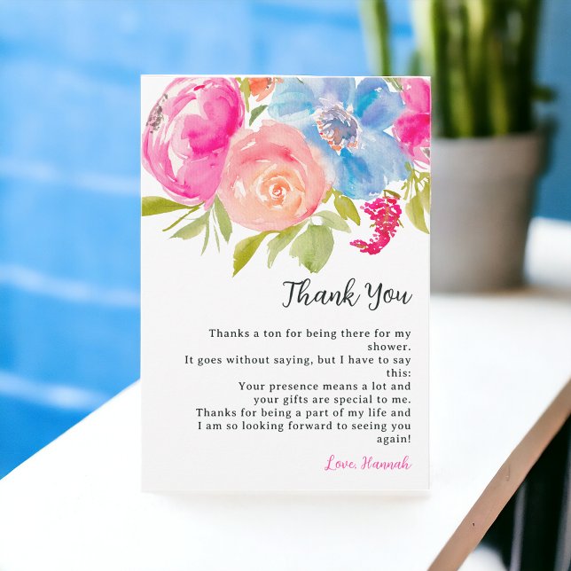 Carte De Remerciements Mariage bohème rose bleu floral aquarelle douche d (Bohemian pink blue floral watercolor bridal shower thank you card)