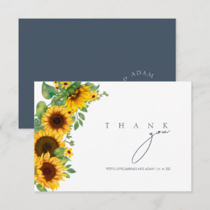Carte De Remerciements Mariage Bohème Tournesol Monogramme Bleu Ardoise