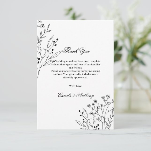 Carte De Remerciements Mariage Boho floral noir et blanc (Debout devant)