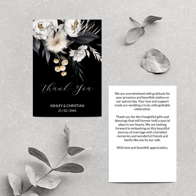 Carte De Remerciements Mariage boho noir et blanc (Black and white elegant boho wedding thank you card white peonies dry pampas grass flowers black)