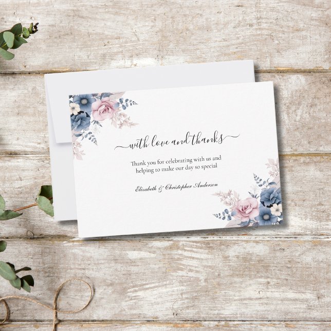 Carte De Remerciements Mariage botanique bleu pâle rose rose (Dusty Blue Blush Pink Floral Botanical Watercolor Elegant Wedding Thank you cards)