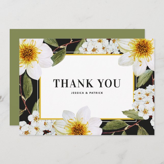 Carte De Remerciements Mariage botanique de Dahlia blanc et Spirea (Devant / Derrière)