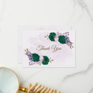 Carte De Remerciements mariage botanique des fleurs violettes vert émerau