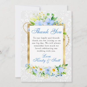 Carte De Remerciements Mariage Cadre Doré avec Marguerites et Fleurs Bleu