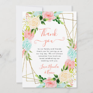 Carte De Remerciements Mariage Cadre Doré Fleurs Roses et Menthe